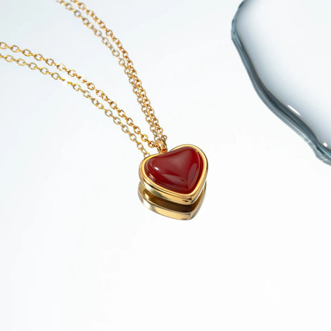 Stainless Steel Red Agate Love Heart Pendant Necklace 18K Gold Plated Water Resistant Hypoallergenic Fine Polished Jewelry