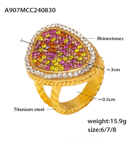 Colorful Rhinestones Beautiful Rings for Women Gold Plated Waterproof Stainless Steel Ring Exaggerate Finger Jewelry Gift