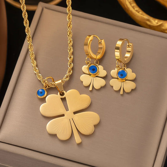 Fashion Four-leaf Clover Stainless Steel Earrings Necklace Set For Women Lucky Turkish Blue Eyes Drop Pendant Daywear Jewelry
