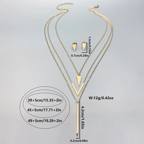 3 Piece Set New Women's Stainless Steel V-shaped Geometric Pendant Multi-Layer Necklace Earrings Birthday Christmas Gift