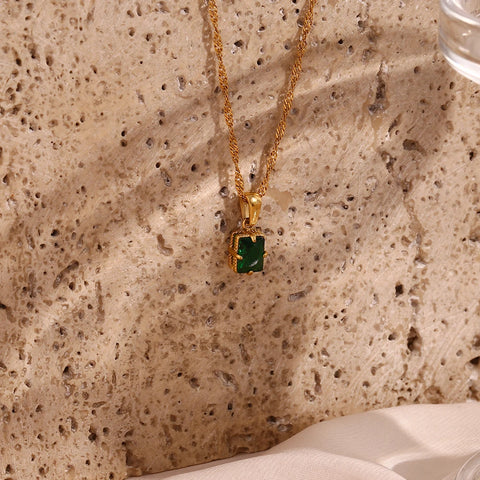 Tarnish Free Dainty Rectangle Christmas Cubic Zirconia Pendant Necklaces For Women Green Pink Clear Stone Gem Necklace Jewelry