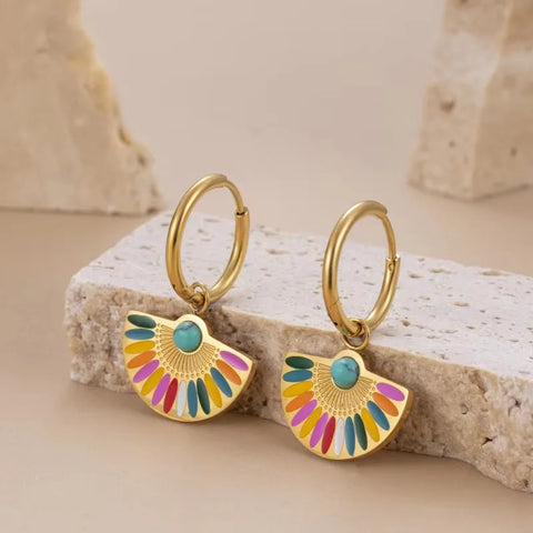 Colorful Enamel Stainless Steel Fan Geometric Bohemian Rainbow Drop Hoop Earrings Women Trendy Fashion Charm Jewelry