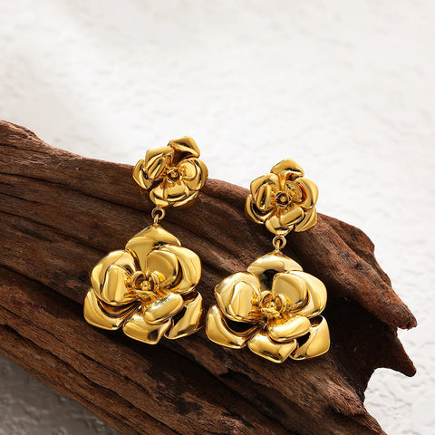 Fashion Gold Color Flower Earrings for Women Multilayer Metal Rose Drop Earrings Stainless Steels Jewelry Party Gift