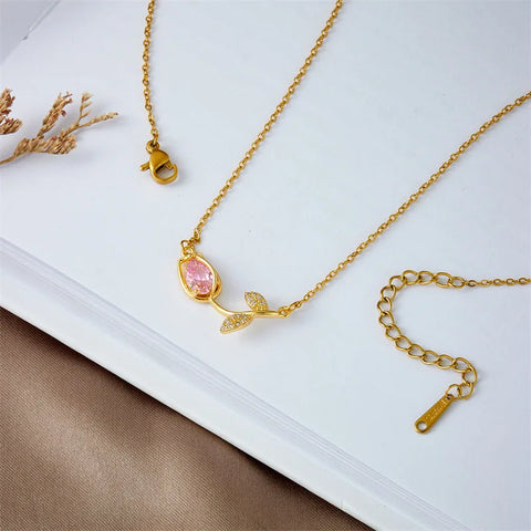 Sweet Colorful Zircon Tulip Pendant Necklaces for Women Girls Stainless Steel Trendy Romantic Jewelry Accessories Gifts