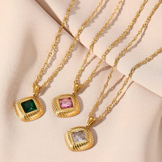 WILD & FREE Classic Vintage Crystal Square Pendant Necklace For Women Gold Color Stainless Steel Trendy Jewelry