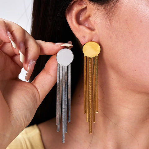 16K Gold Color Stainless Steel Long Strip Tassel Round Stud Earrings for Women Waterproof Jewelry Fashion Statement Earring Gift