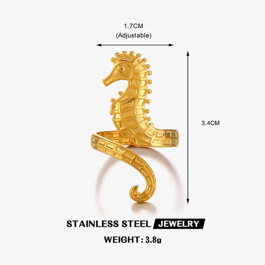 Stainless Steel Gold Color Seahorse Rings for Women Men Minimalist Metal Adjustable Open Rings Waterproof Stylish Jewelry Femme
