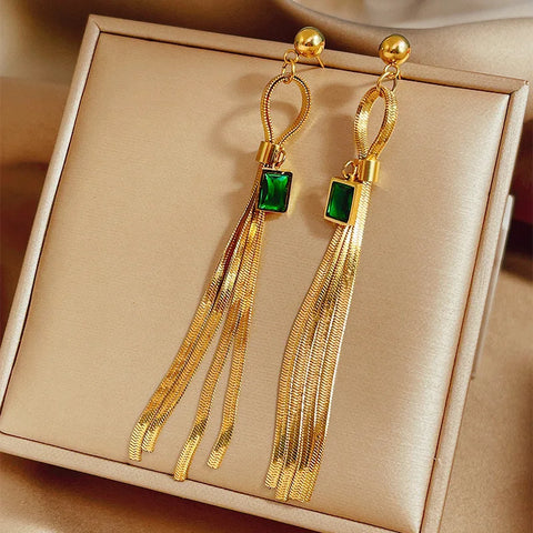 316L Stainless Steel Green Zircon Long Pendant Tassel Drop Earrings For Women Fashion Girls Ear Jewelry Party Gifts