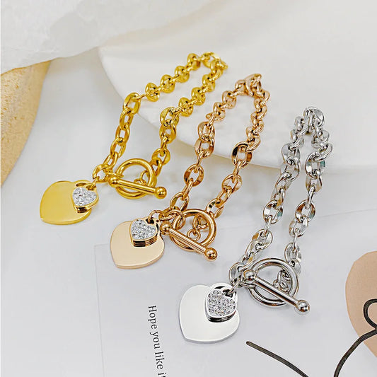 New Fashion Heart-shaped Zircon Bracelet Gold Color OT Clasp Titanium Steel Jewelry Woman Gift Not Fade Drop Shipping