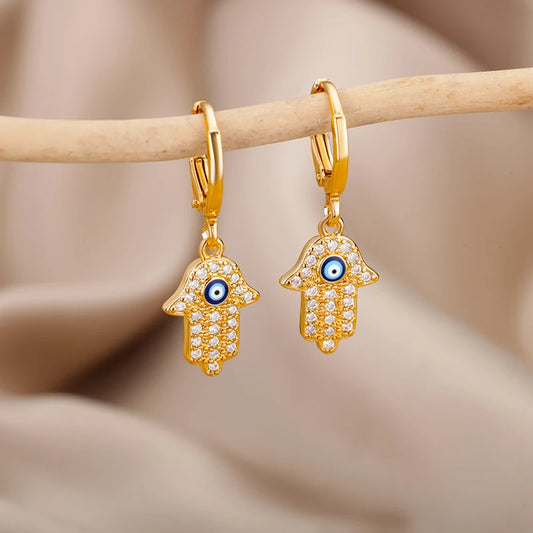 Fashion Punk Evil Eye Hoop Earrings for Women Gold Color Stainelss Steel Zircon Turkish Eye Fatima Hand Drop Earring Jewelry