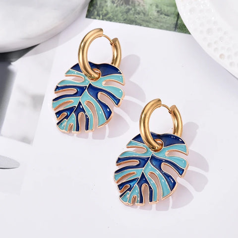 Colorful Enamel Leaf Earrings for Women Fashion Exquisite Stainless Steel Round Hoop Earrings Female Party Wedding Jewelry