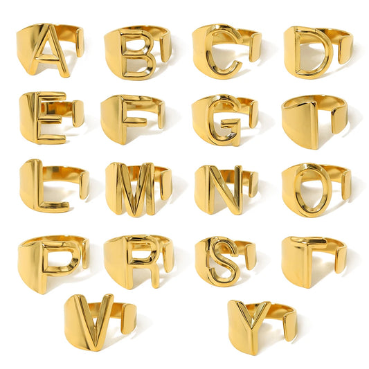 WILD & FREE Creative Letters Stainless Steel Rings for Women English Alphabet Initials Trendy Waterproof Jewelry Gifts