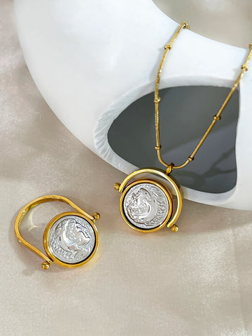 Peri'sbox Mix Gold Silver Plated Greek Roman Coin Pendant Necklace Ring Set Women Stainless Steel Free Tarnish Medallion Jewelry