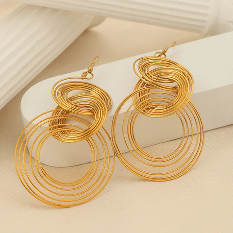 Fashion 3 Layers Round Long Earrings for Women Stainless Steel Gold Plated Hoop Earring High Quality Jewelry Hip Hop Accessories