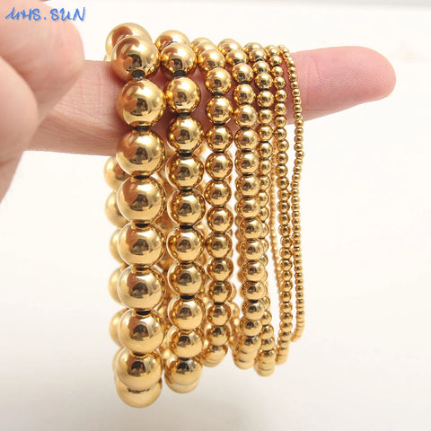 MHS.SUN Fashion Waterproof Smooth Stainless Steel Bracelets 2-10mm Elastic Beaded Gold Plated Stackable Bracelet Women Jewelry