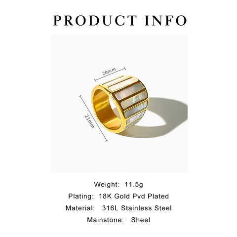 Peri'sbox Water Resistant Stainless Steel Gold Plated Chunky Natural Mother of Pearl Wide Band Ring for Women Statement Jewelry