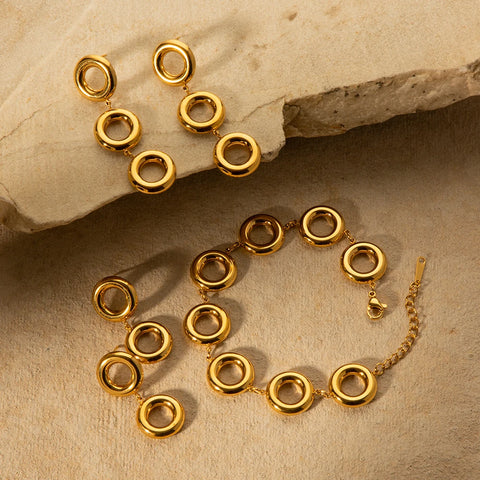 18K Gold Plated O-shaped Tarnish-proof Stainless Steel Exaggerated Multiple Circle Dangle Stud Earrings/Bracelet Set