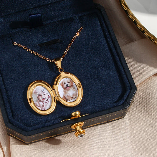 E.B.belle New Best Memory Record Gift Stainless Steel Waterproof Oval Shape Albume Locket Pendant Woman Men's Gold Necklace