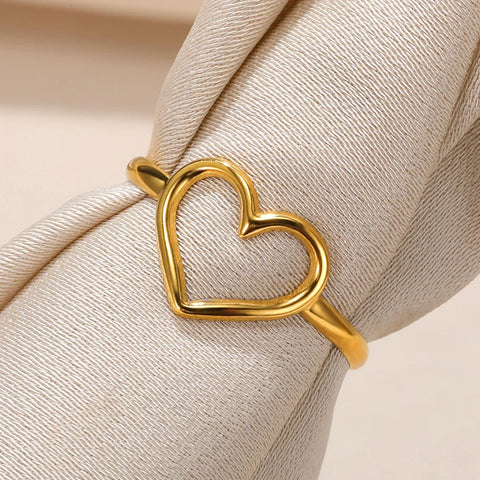 Stainless Steel Hollow Heart Open Rings For Women Aesthetic Gold Color Wedding Engagement Ring Waterproof Jewelry Free Shipping