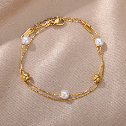 Stainless Steel Gold Color Pearl Bracelets For Women Fashion Geometric Double Chain Bracelet Party Jewelry Gift Bijoux Femme