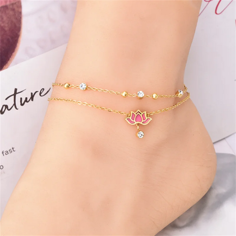 316L Stainless Steel New Fashion Upscale Jewelry 2-layer Zircon Pink Spray Paint Lotus Flowers Charm Chain Anklets For Women