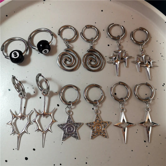 Punk Stainless Steel Spiral Vortex Star Earrings Cool Charms Black 8 Hoop Earrings Women Men Goth Y2K Accessories Grunge Jewelry