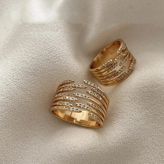 Zircon Double Crossed Shape Rings For Women Gold Plated Stainless Steel Cross Ring Luxury Wedding Couple Rings Aesthetic Jewerly