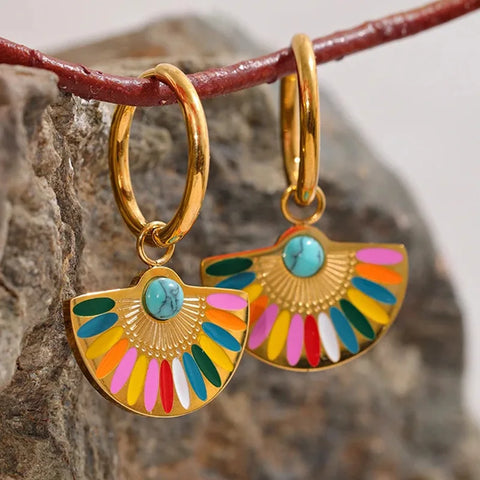 Colorful Enamel Stainless Steel Fan Geometric Bohemian Rainbow Drop Hoop Earrings Women Trendy Fashion Charm Jewelry