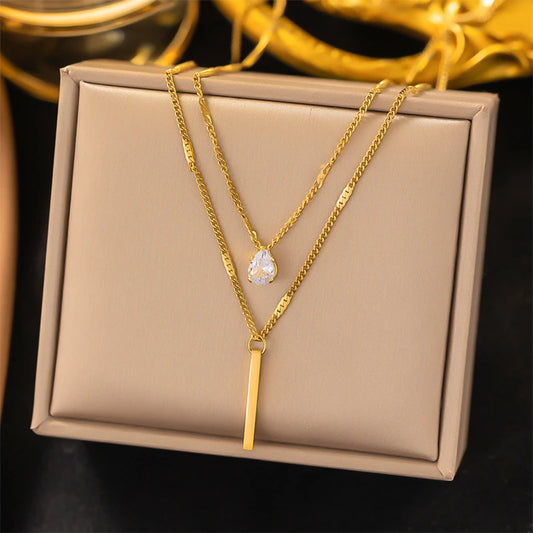 316L Stainless Steel New Fashion Fine Jewelry 2 Layer Separable Droplet Zircon Charms Chain Choker Necklaces & Pendant For Women