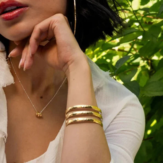 Uworld Stainless Steel Statement Gold Color Cuff Bracelet Bangle Metal Texture Multi-Layer Temperament Waterproof Jewelry