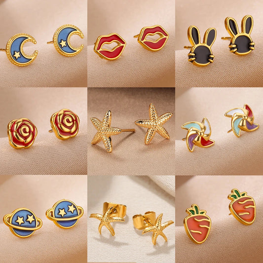 Tiny Colorful Enamel Starfish Stainless Steel Earrings for Women Girl Gold Color Stud Earring Waterproof Vacation Jewelry Gifts