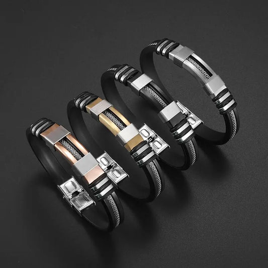 Men's Classic Stainless Steel Casual Bracelet Fold Over Buckle Waterproof Silicone Bracelet Black Wristband Punk Fashion Jewelry