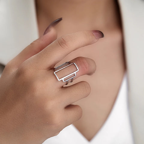 Stainless Steel Rings Simple Rectangle Geometric Design Fashion Ring For Women Jewelry Engagement Anniversary Party Girls Gifts