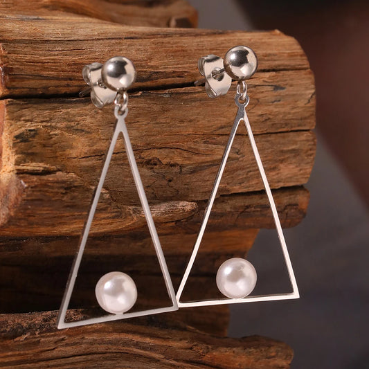 Stainless Steel Earrings Geometric Triangle Dangling Shape Simple White Imitation Pearl Earrings For Women Jewerlry Gifts New in