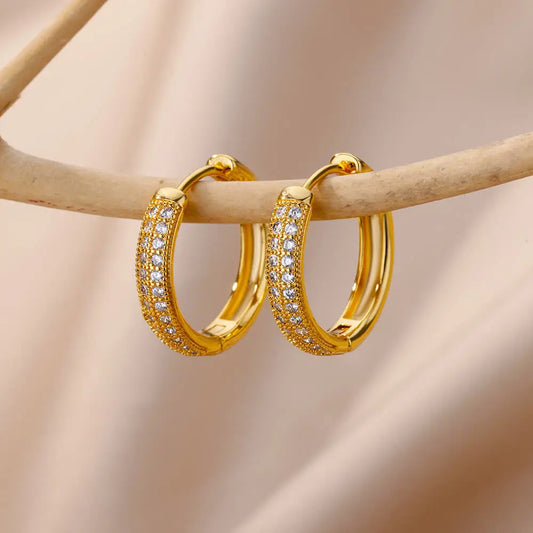Zircon Round Hoop Earrings for Women Gold Color Stainless Steel Earrings Luxury Aesthetic Jewelry Christmas Gift Free Shipping