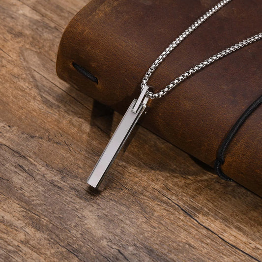 Waterproof 3D Vertical Bar Necklaces for Men,Minimalist Stainless Steel Geometric Pendant with Box Chain,Male Collar Jewelry