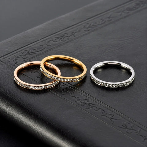 2mm Iced Out Cubic Zirconia Ring Female Gold Silver Color Stainless Steel Wedding Rings for Women Fashion Jewelry Gift