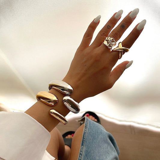 Uworld Stainless Steel Metal Overlap Ring Minimalist Fashion Waterproof Trendy Statement Jewelry 18k Gold Plated Bijoux Women