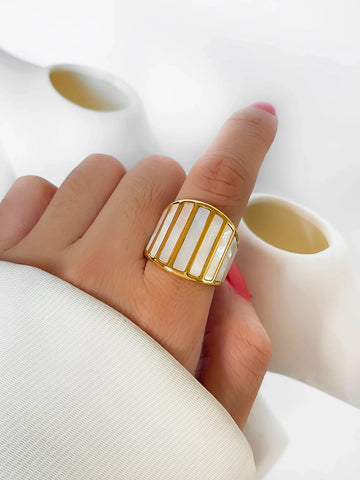 Peri'sbox Water Resistant Stainless Steel Gold Plated Chunky Natural Mother of Pearl Wide Band Ring for Women Statement Jewelry