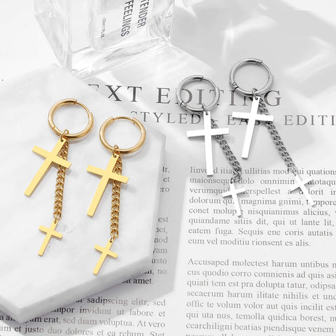 Stainless Steel Earrings Fashion Punk Hip Hop Gothic Unisex Two Cross Chain Pendants Gold Color Earrings For Women Jewelry Gifts