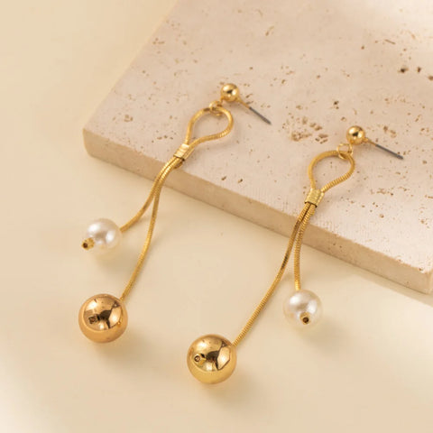 Original Design Imitation Pearl Long Tassel Drop Dangle Earrings for Women Luxury Gold Color Stainless Steel Ball Stud Jewelry