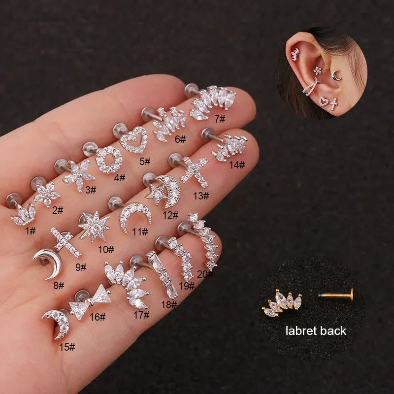 1PC 16G New Cross Heart Flower Crown Tragus Helix Stainless Steel Labret Lip Bar Rings Stud Cartilage Ear Piercing Body Jewelry