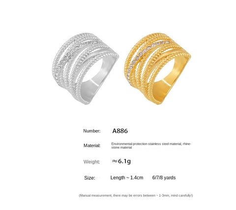 Multi Lines Designer Chic Stainless Steel Rings For Women Gold Plated Rhinestones Finger Ring Charm Waterproof Jewelry Gift