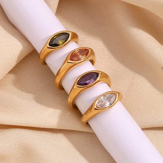 E.B.belle Horse Eye Zircon Seal Ring Colorful Hypoallergenic 316L Stainless Steel Decoration 18K Gold Plated Jewelry