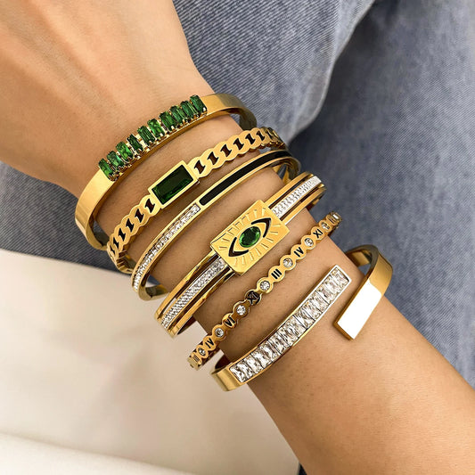 Flashbuy Trendy Chic Green Zircon Stainless Steel Bangle Bracelets for Women Charm Texture Simple Gold Color Accessories