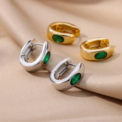 Green Zircon Hoop Earrings For Women Luxury Gold Color Stainless Steel Earrings 2023 Trending Aesthetic Jewelry aretes mujer