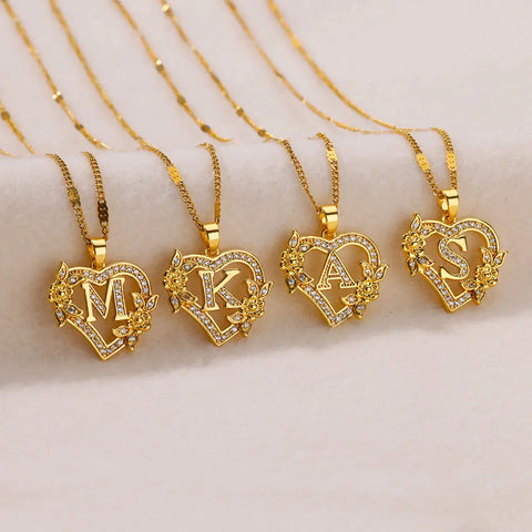 Zircon Flower Initials Necklaces For Women Stainless Steel Heart Gold Color Letter Chain Collar Jewelry free shippping items