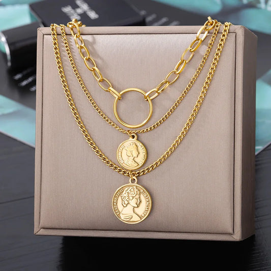 Stainless Steel Necklaces Round Pendant Choker Multilayer Chain Double Stacked Wear Light Luxury Fine Necklace For Women Jewelry