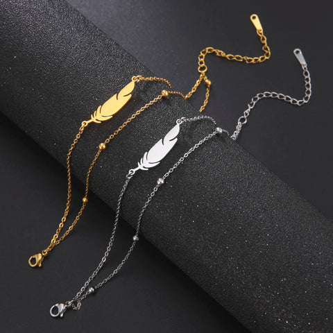 Kkjoy Ankles of Women Men Silver Color Feather Stainless Steel Double Foot Chain Beach Style Trendy Female Jewelry Accessories