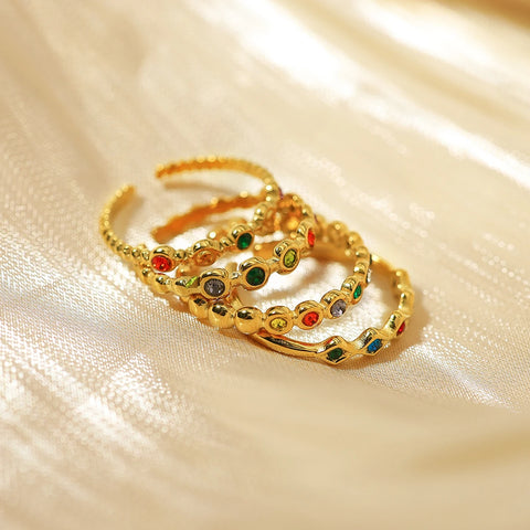 WILD & FREE Luxury Colorful Crystal Stainless Steel Rings for Women Vintage Chic Exquisite Open Ring Tarnish Free Jewelry